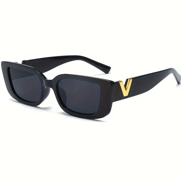 156. NEW| Modern Gold V Accent Rectangular Shape Black Sunglasses - Picture 2 of 10